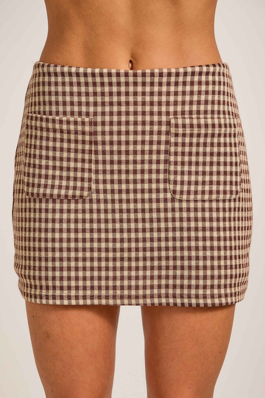 Mini Fitted Gingham Print Skort With Front Pockets: BROWN / L