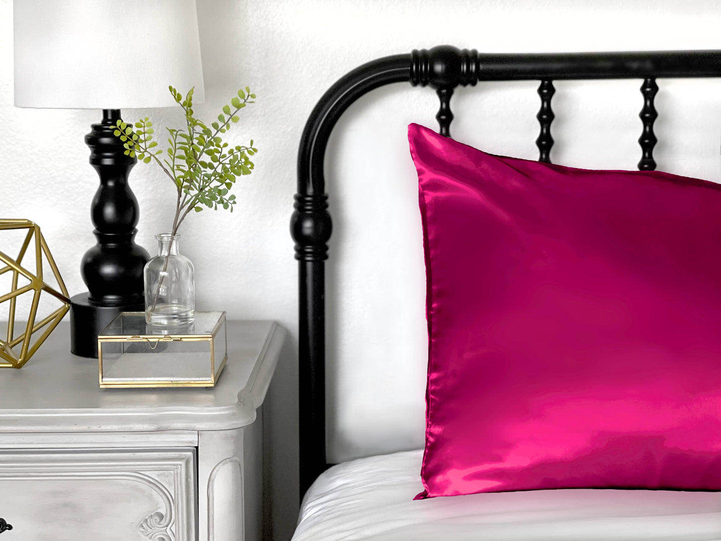 Pink Opalescent Gift Box with Bow - QN/STD Satin Pillowcase : Blue floral