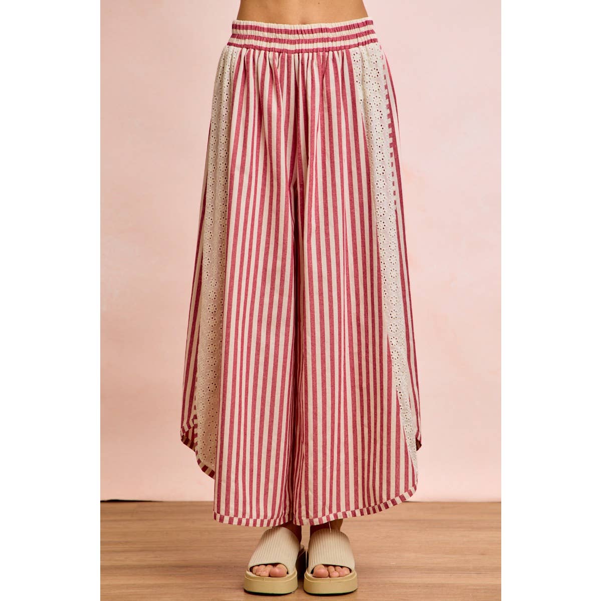 FLORAL EYELET SIDE ELASTIC STRIPES WIDE LEG PANTS: LIGHT PINK