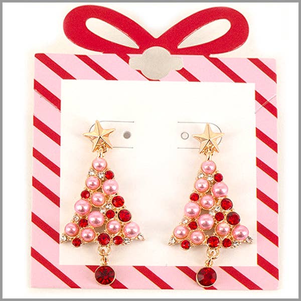 Gold Star with Pink and Red Accents Christmas Tree Stud 1.5" Earring