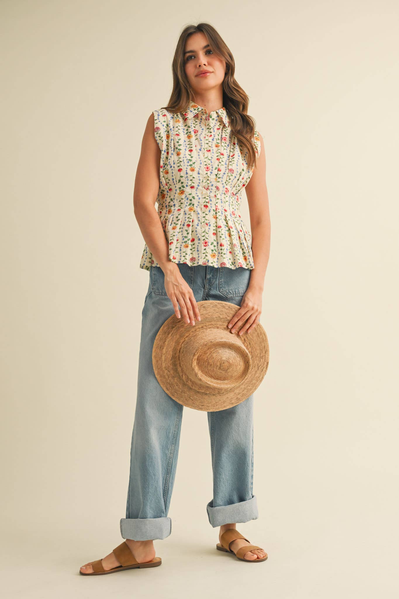 BUTTON DOWN PLEATED WAIST PEPLUM TOP MTP3906: Ivory Multi Floral