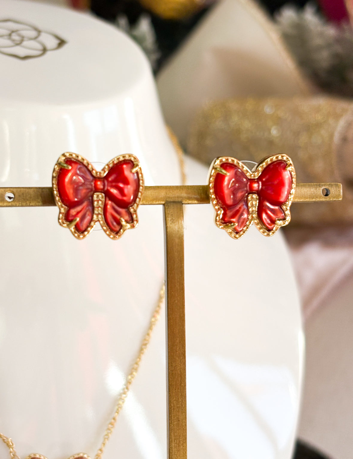 Haley Bow Studs Scarlet Red Mother Of Pearl