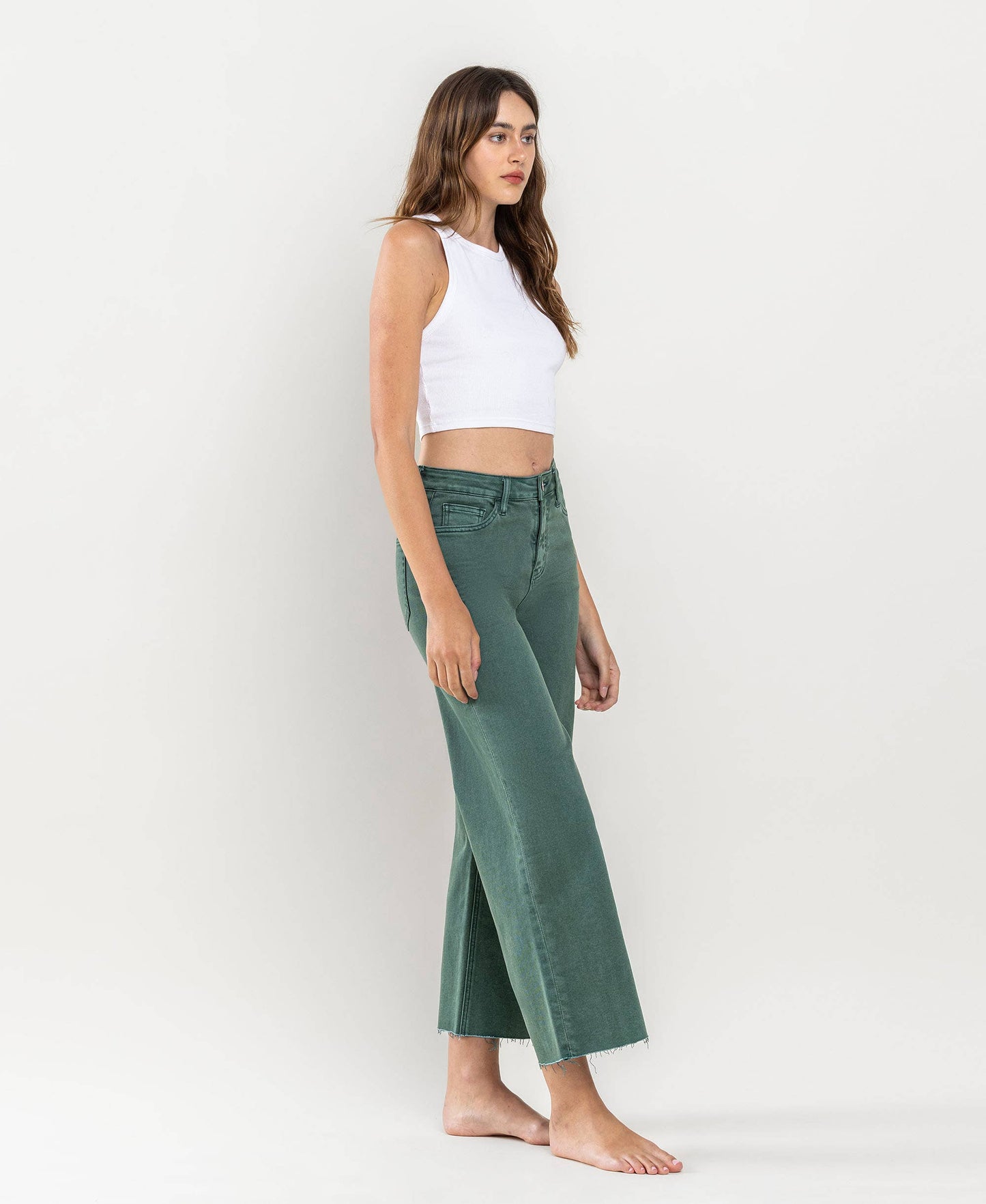 HIGH RISE CROP WIDE LEG JEANS MALLARD GREEN