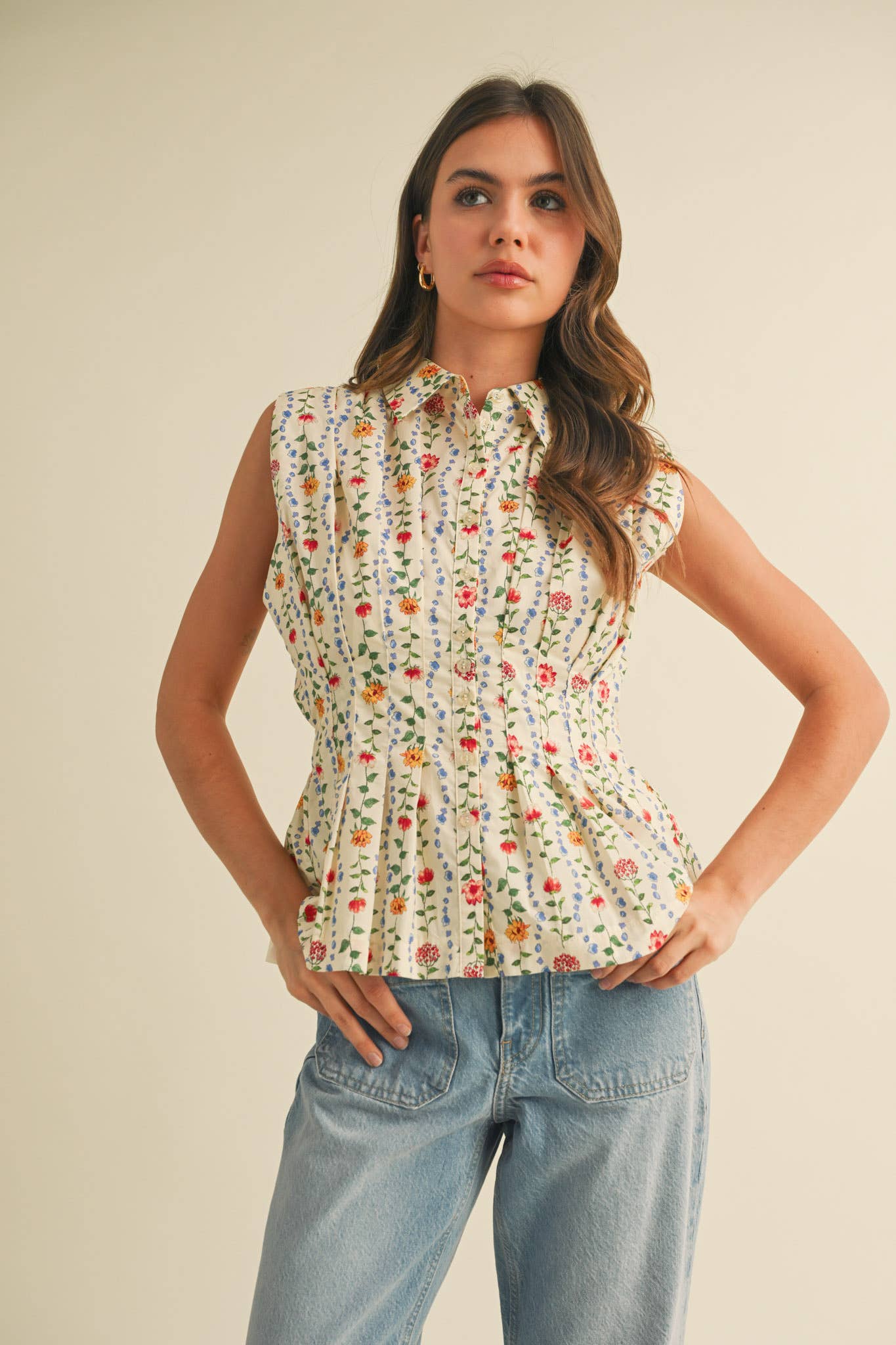 BUTTON DOWN PLEATED WAIST PEPLUM TOP MTP3906: Ivory Multi Floral