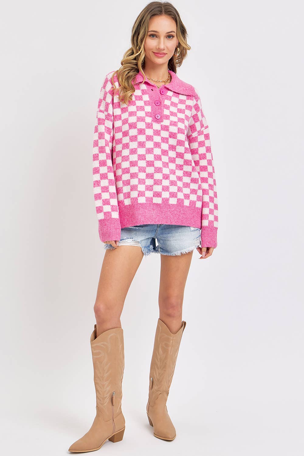 PLAID HALF BUTTONED COLLARED SWEATER: Pink / Contemporary / M