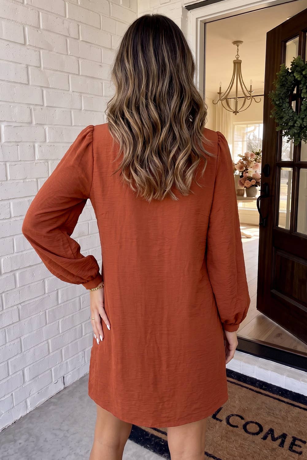 PreOrder 09/30-Solid Ruffle Trim Bubble Sleeve Shift Mini Dress-Coffee