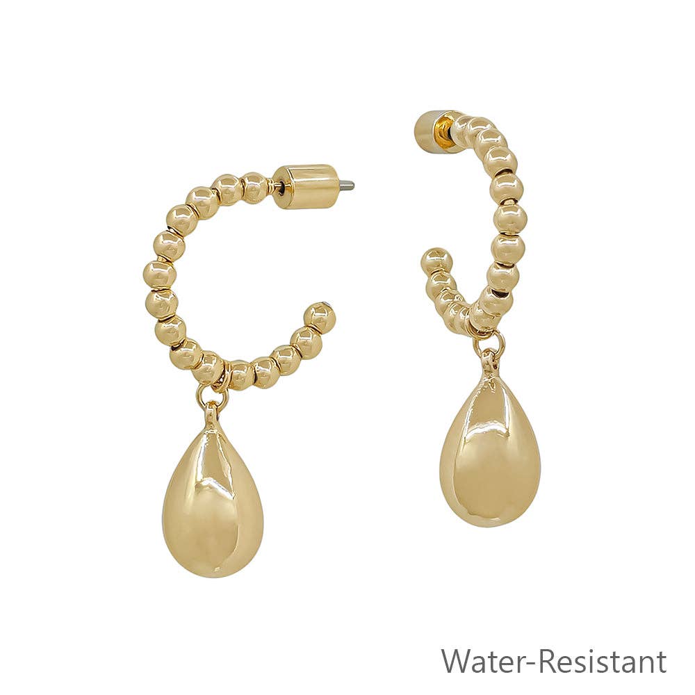 Water Resistant 3MM Gold Beaded Mini Teardrop 1" Hoop Earring