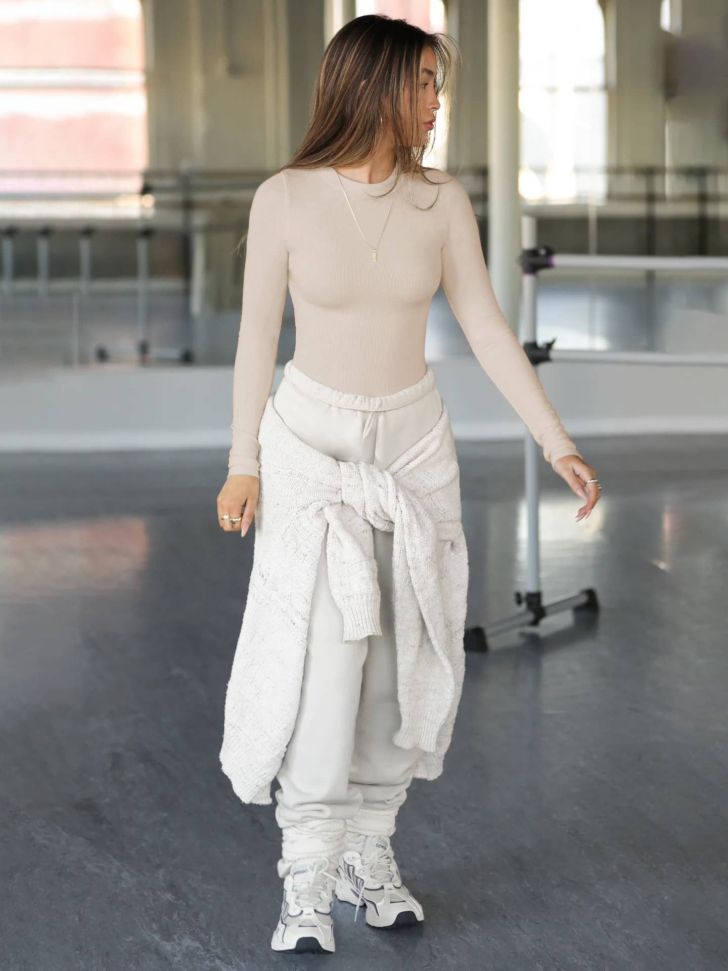 Ribbed Long Sleeve Crop Top: Beige