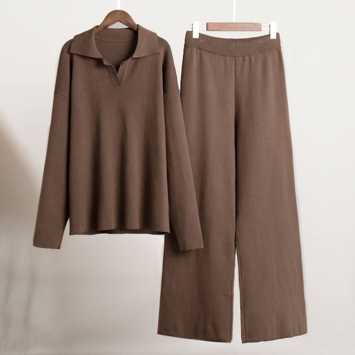 Long sleeve top and long pants sweater set: KHAKI / M