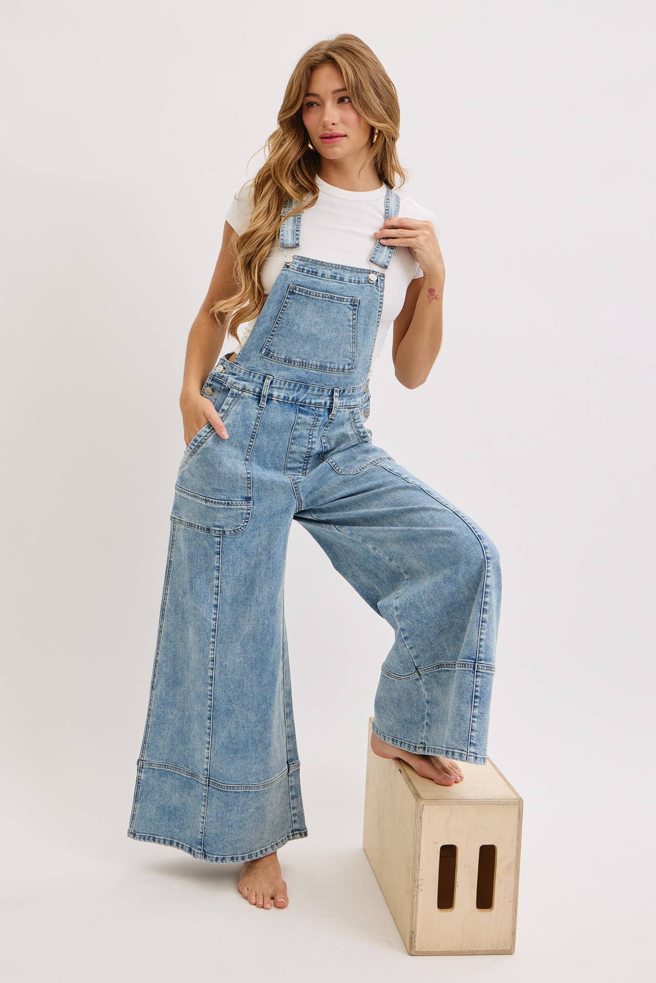 WIDE-LEG DENIM OVERALL JUMPSUIT