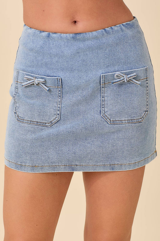 Mini Denim Skort With Front Pocket And Ribbon Bow: LIGHT DENIM
