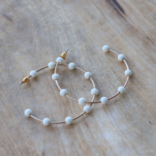 Cream & Gold Bead Hoop Earrings | Polymer Clay Bead Hoop