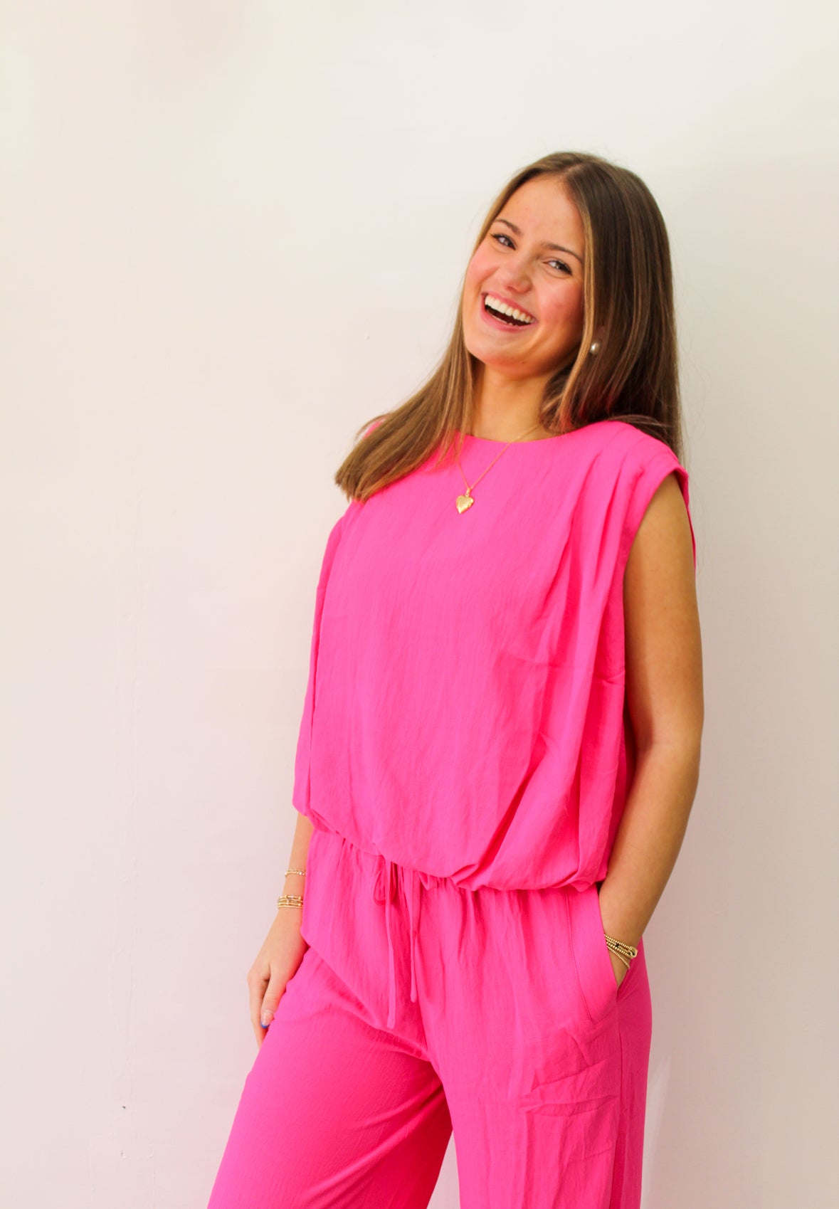 Sleeveless Blouson Top And Wide-leg Pant Set: Electric Fuchsia
