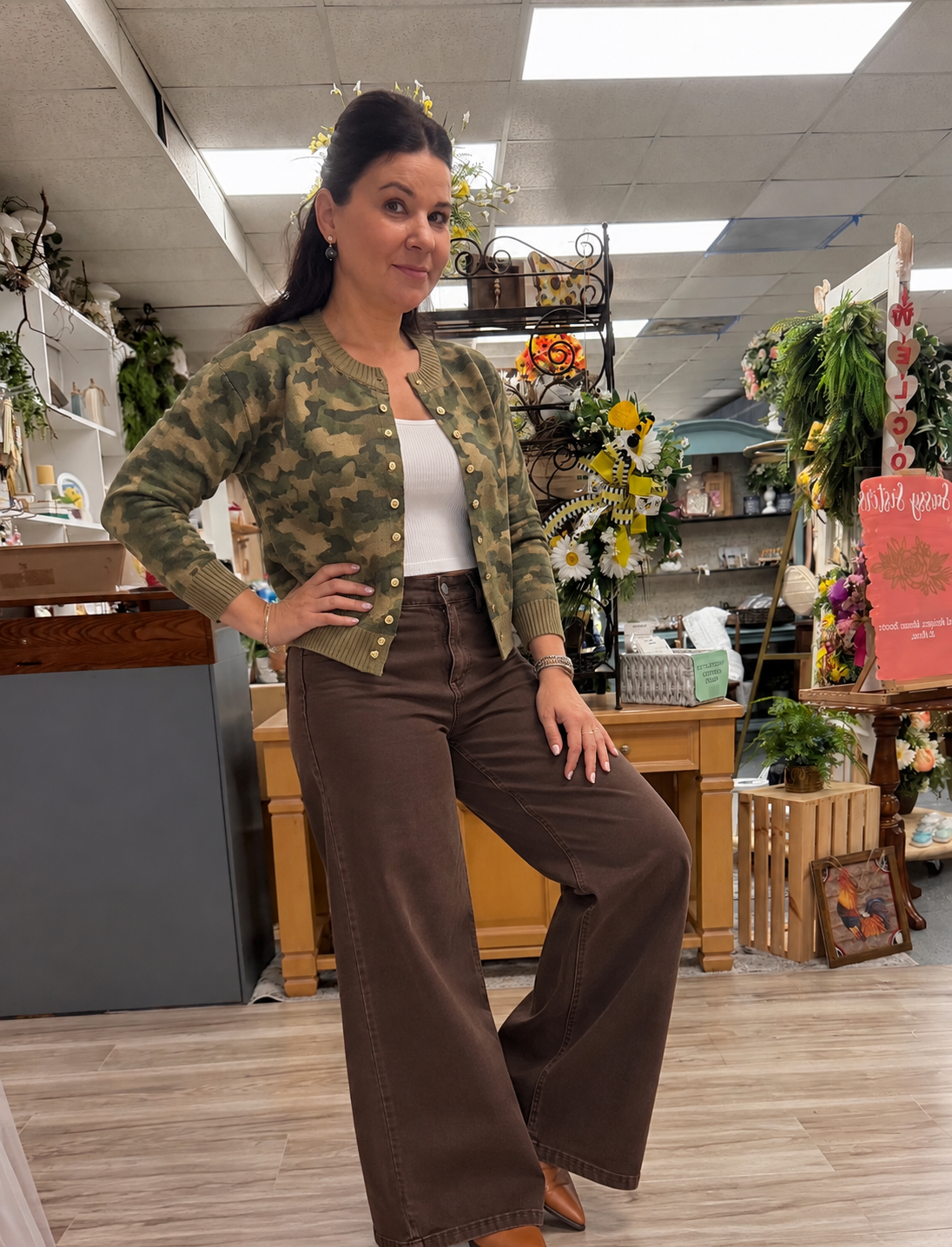 Hot Camo Knit Ribbed Trim Button Sweater Cardigan