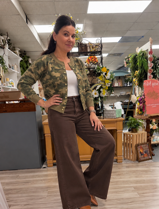 Hot Camo Knit Ribbed Trim Button Sweater Cardigan