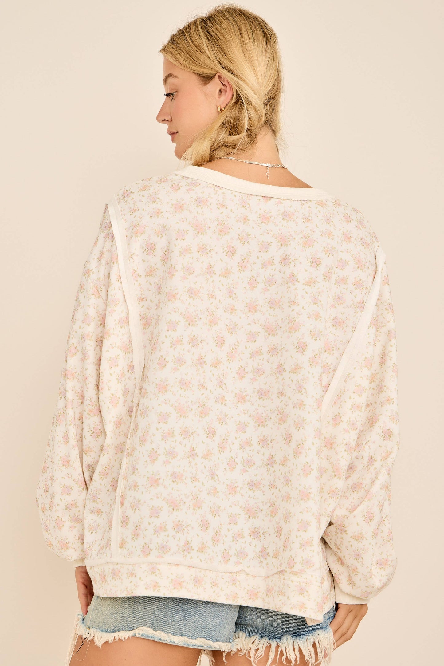 Oversized Floral Print V-Neck Long Sleeve Sweatshirt: IVORY