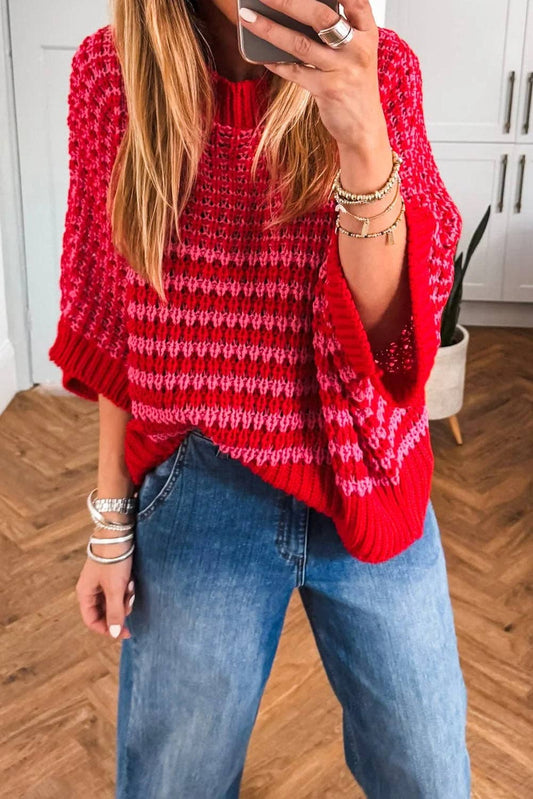 Red Striped Slouchy Knit Sweater with 3/4 Draped Sleeves: Red Stripe / 100%Acrylic