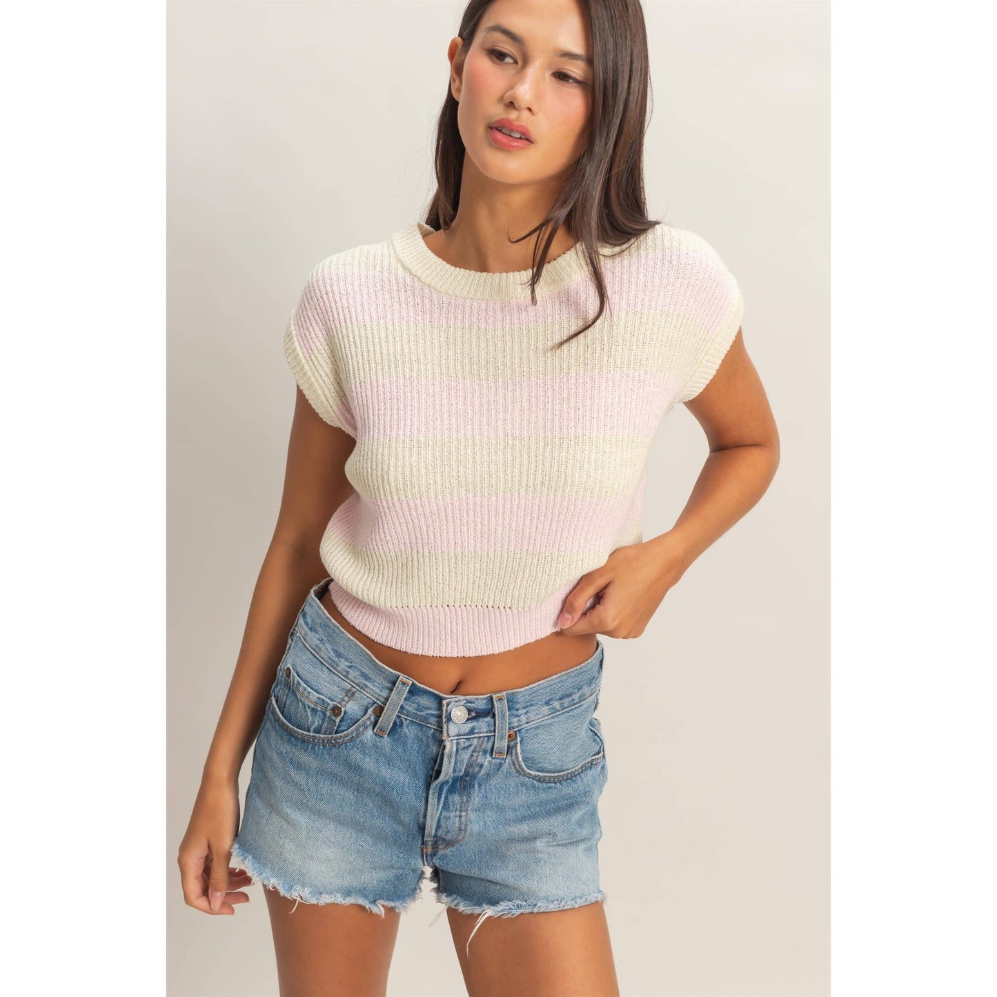 Striped Ribbed Knit Top: SOFT PINK