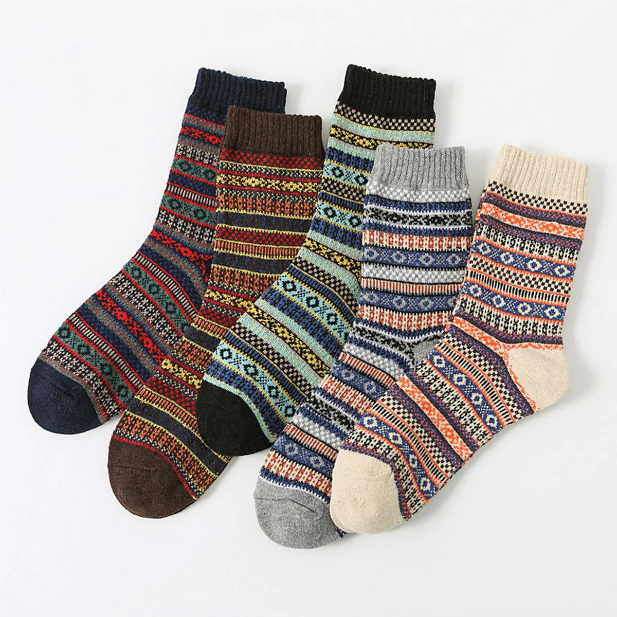 5 PAIRS OF ETHNIC STYLE SMALL DIAMOND WOOL SOCKS_CWMS0677: TYPE3 / (OS) 2