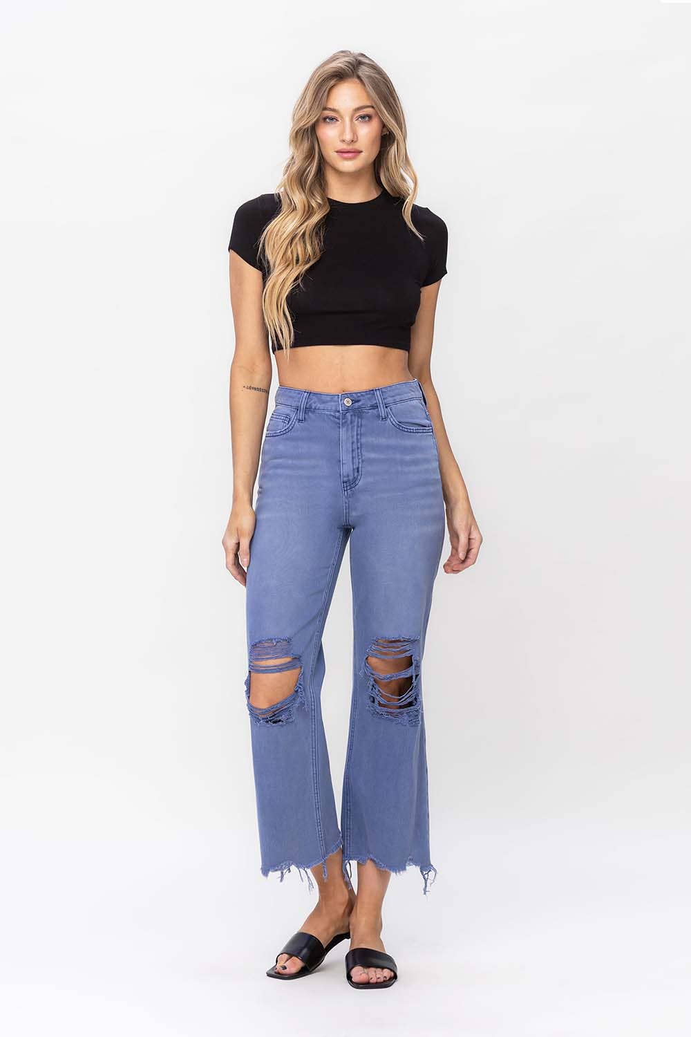 90'S VINTAGE SUPER HIGH RISE CROP FLARE JEANS: INDIGO