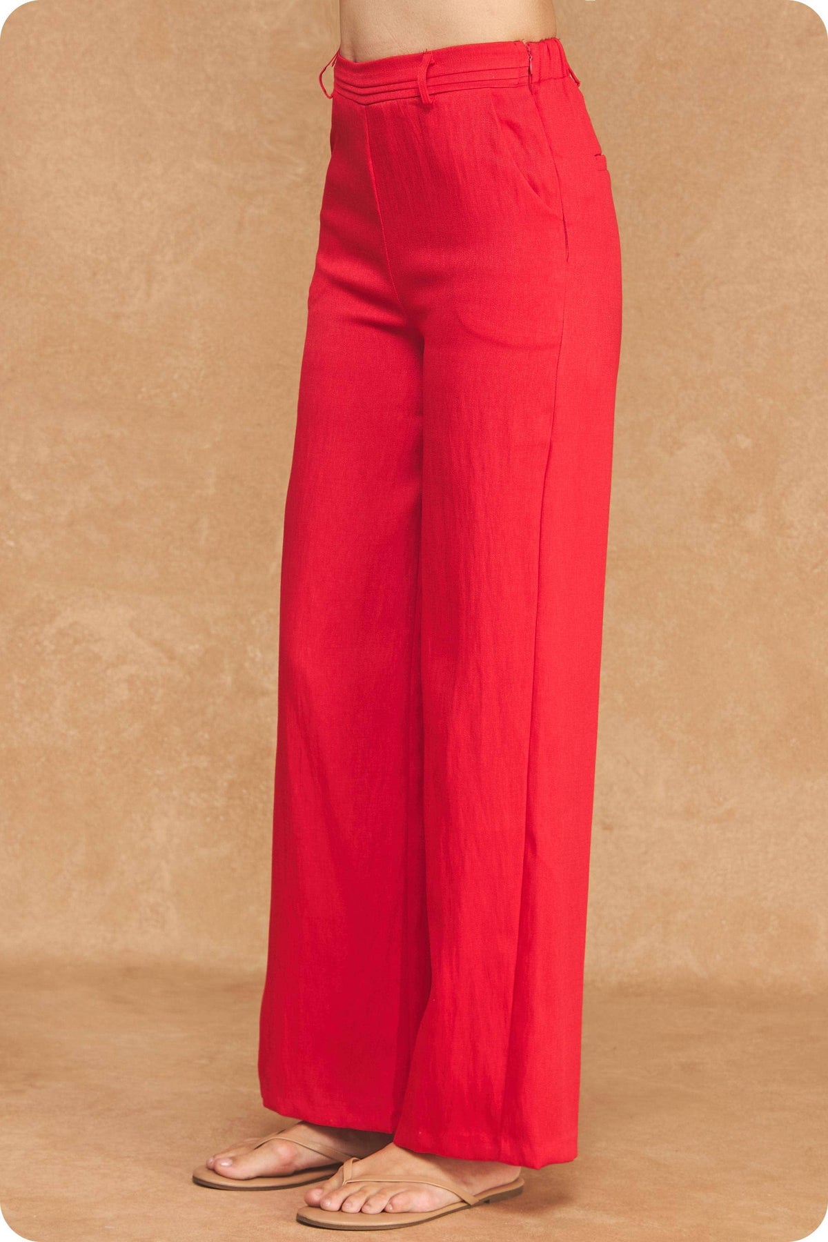 Waist Pintuck High-Waisted Wide Leg Trousers: Red