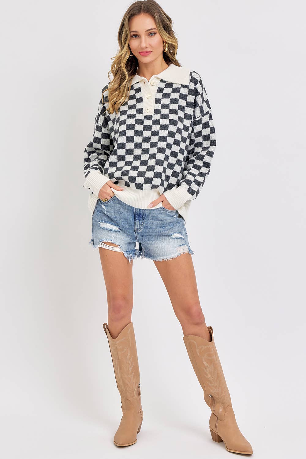PLAID HALF BUTTONED COLLARED SWEATER: Pink / Contemporary / S