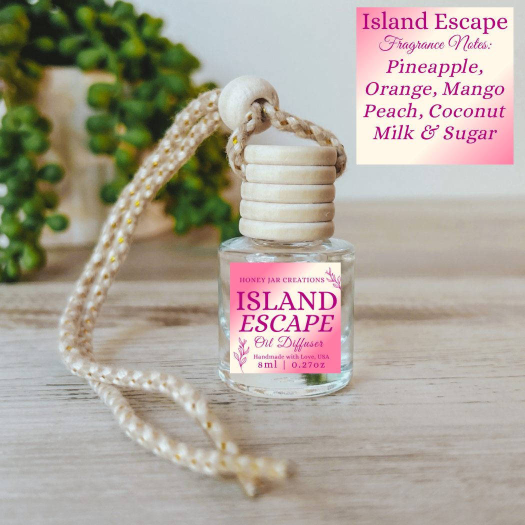 Hanging Car Diffusers | Island Escape | Made in USA: Round Bottle