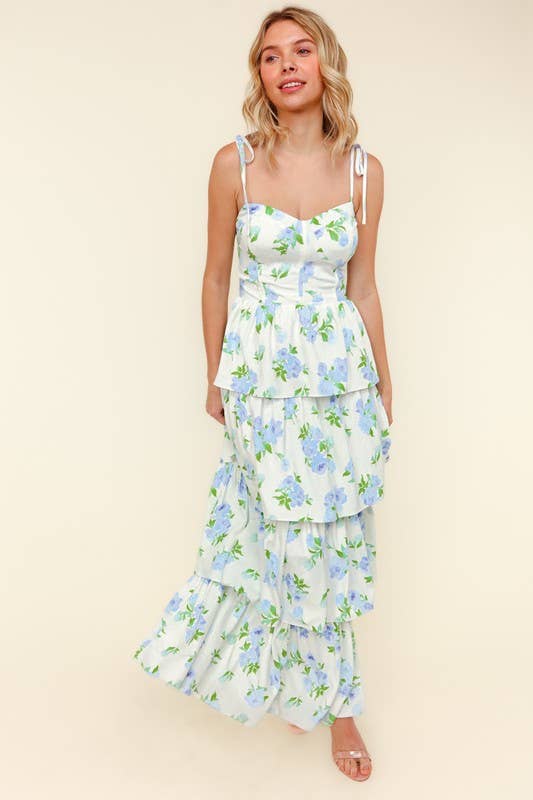 Strap Shoulder Buistier Tiered Maxi Floral Dress