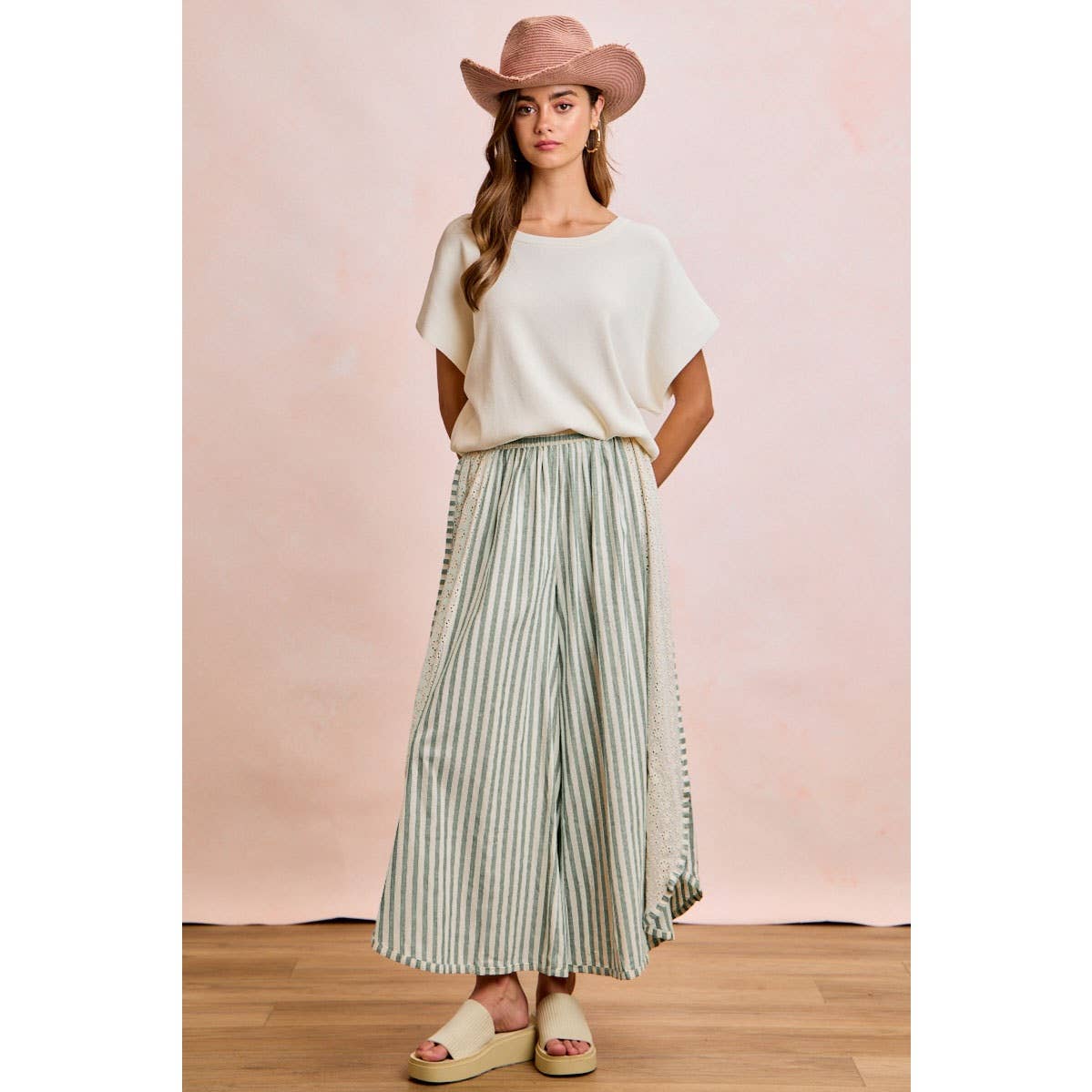 FLORAL EYELET SIDE ELASTIC STRIPES WIDE LEG PANTS: LIGHT PINK