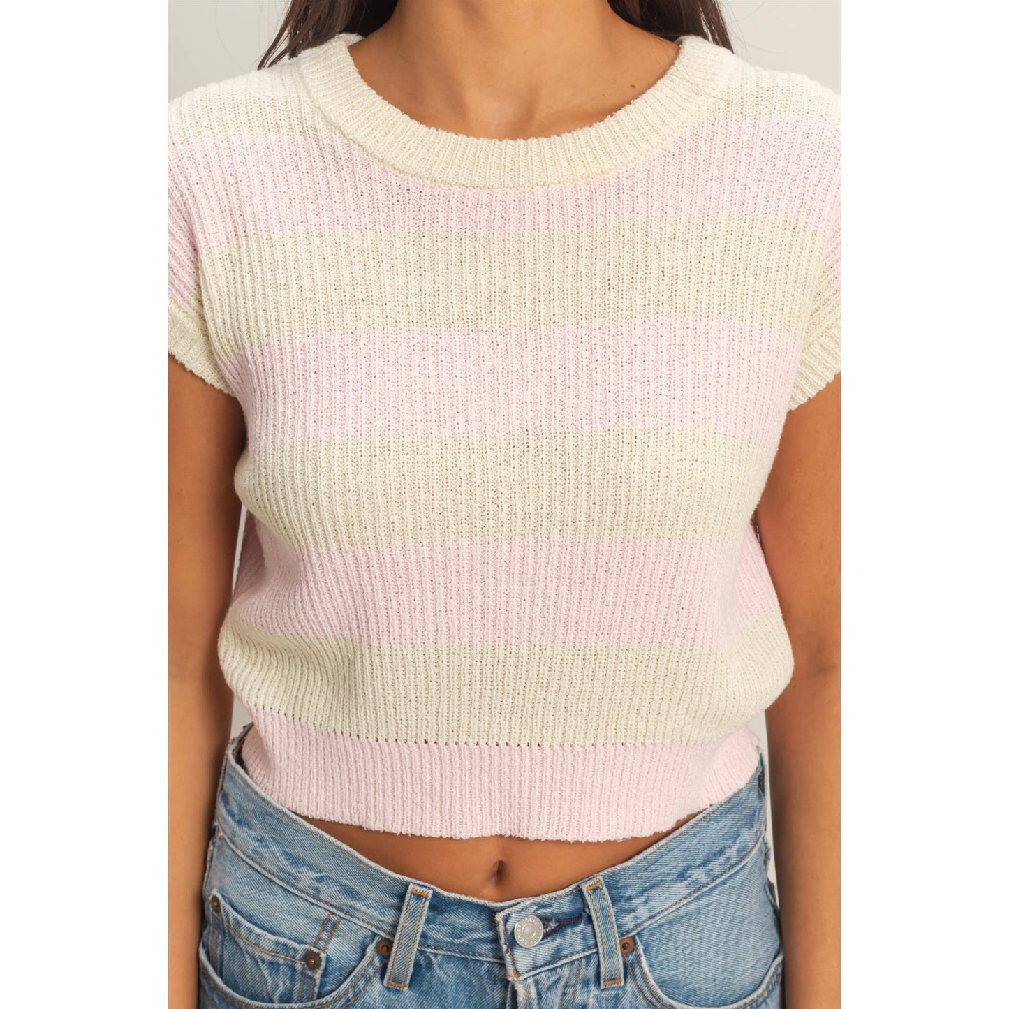 Striped Ribbed Knit Top: SOFT PINK