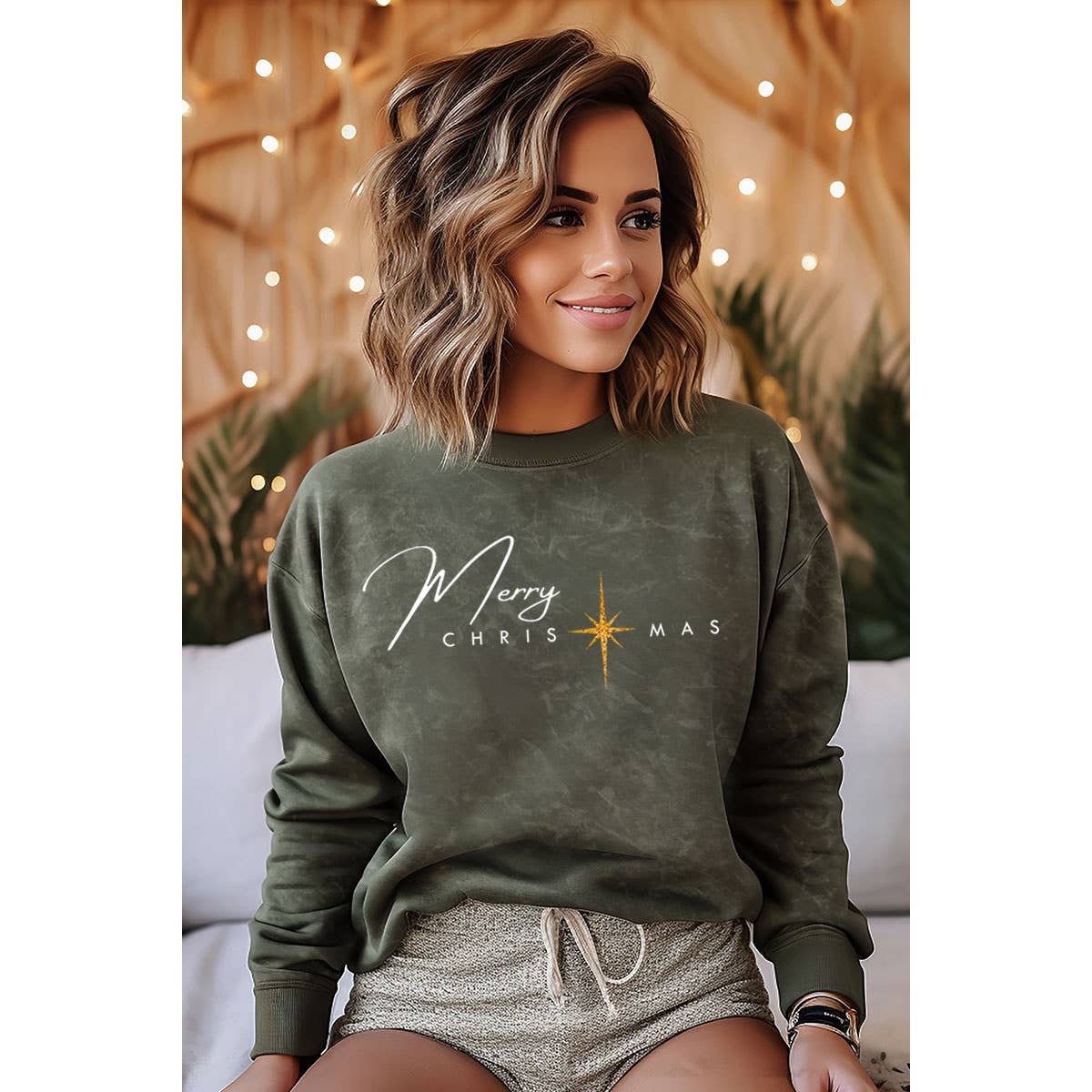 MERRY CHRISTMAS MINERAL GRAPHIC SWEATWHIRTS: Mineral Olive / XL