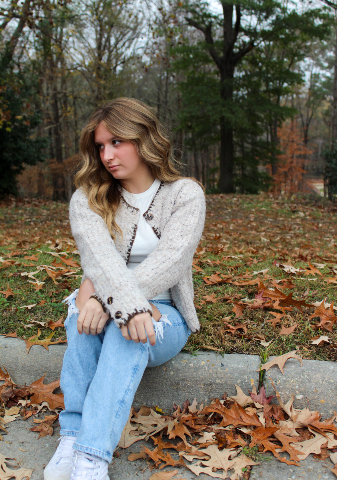 Speckled Yarn Edge Stitched Button Down Cardigan