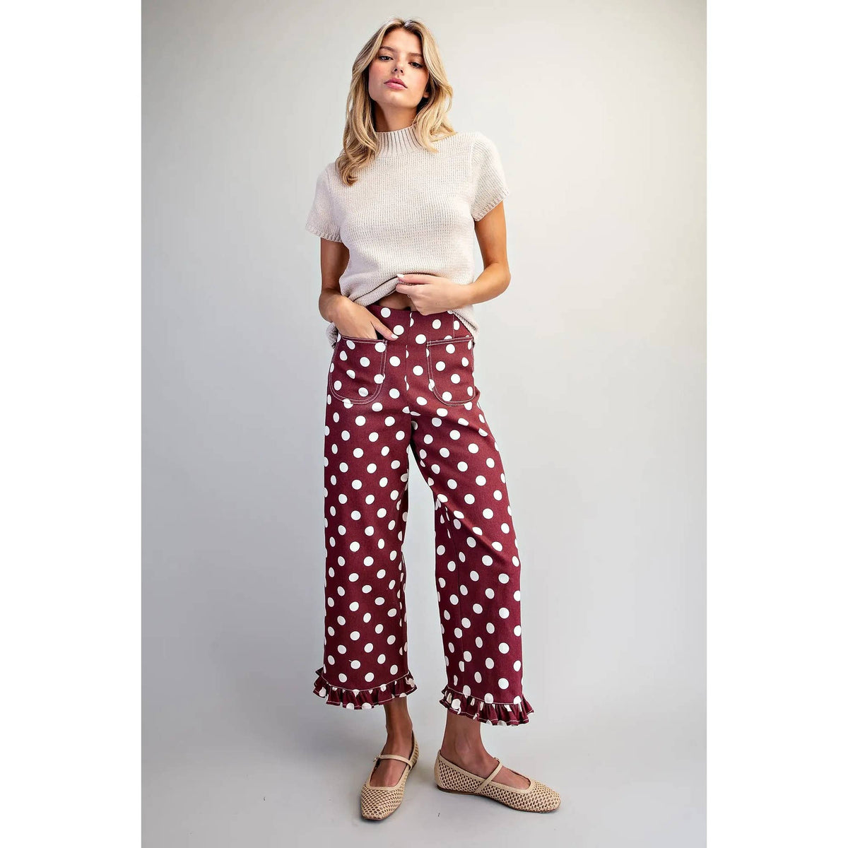 NEW Polka Dot Ruffle Hem Pants: WINE