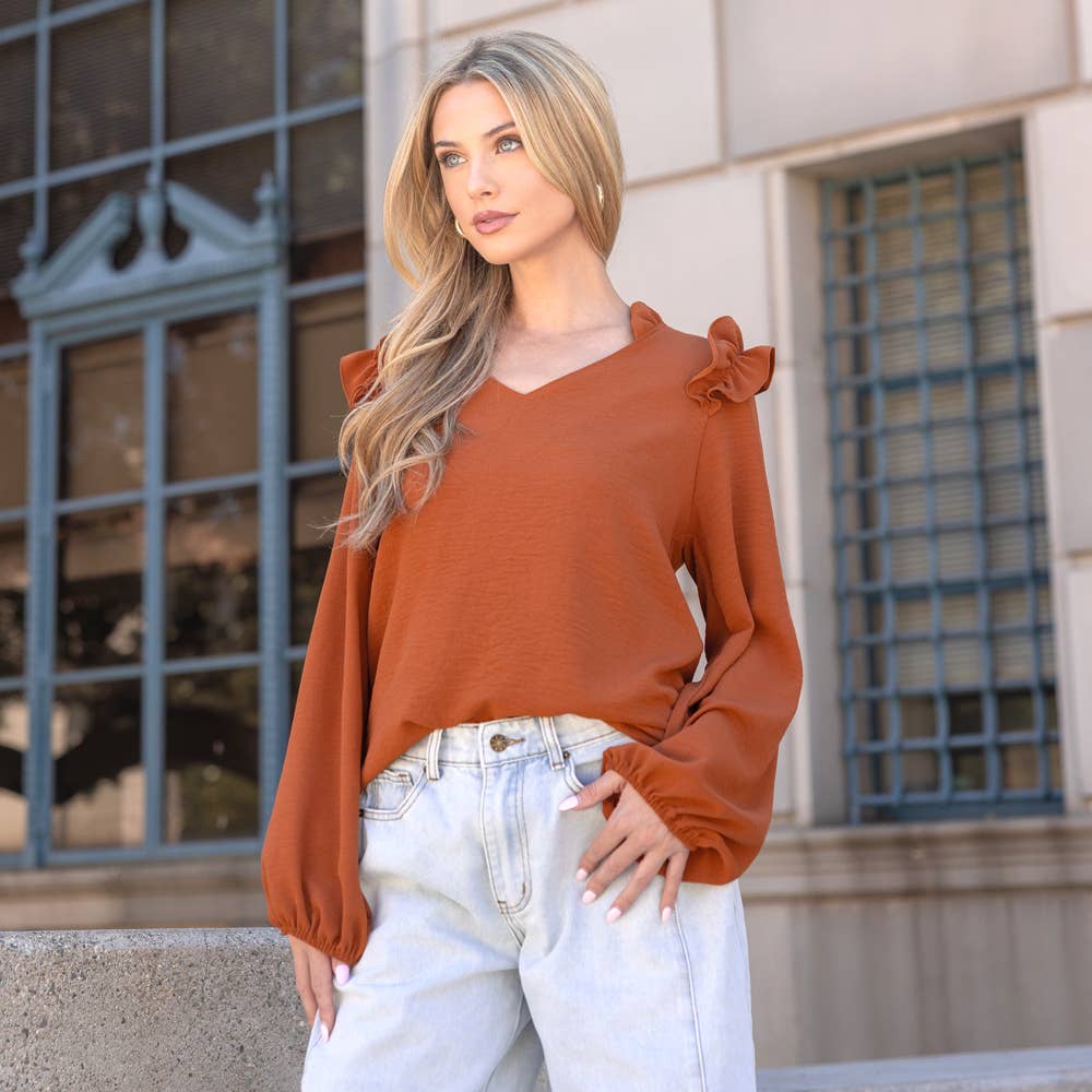 Ruffle Shoulder V-Neck Blouse: Adobe