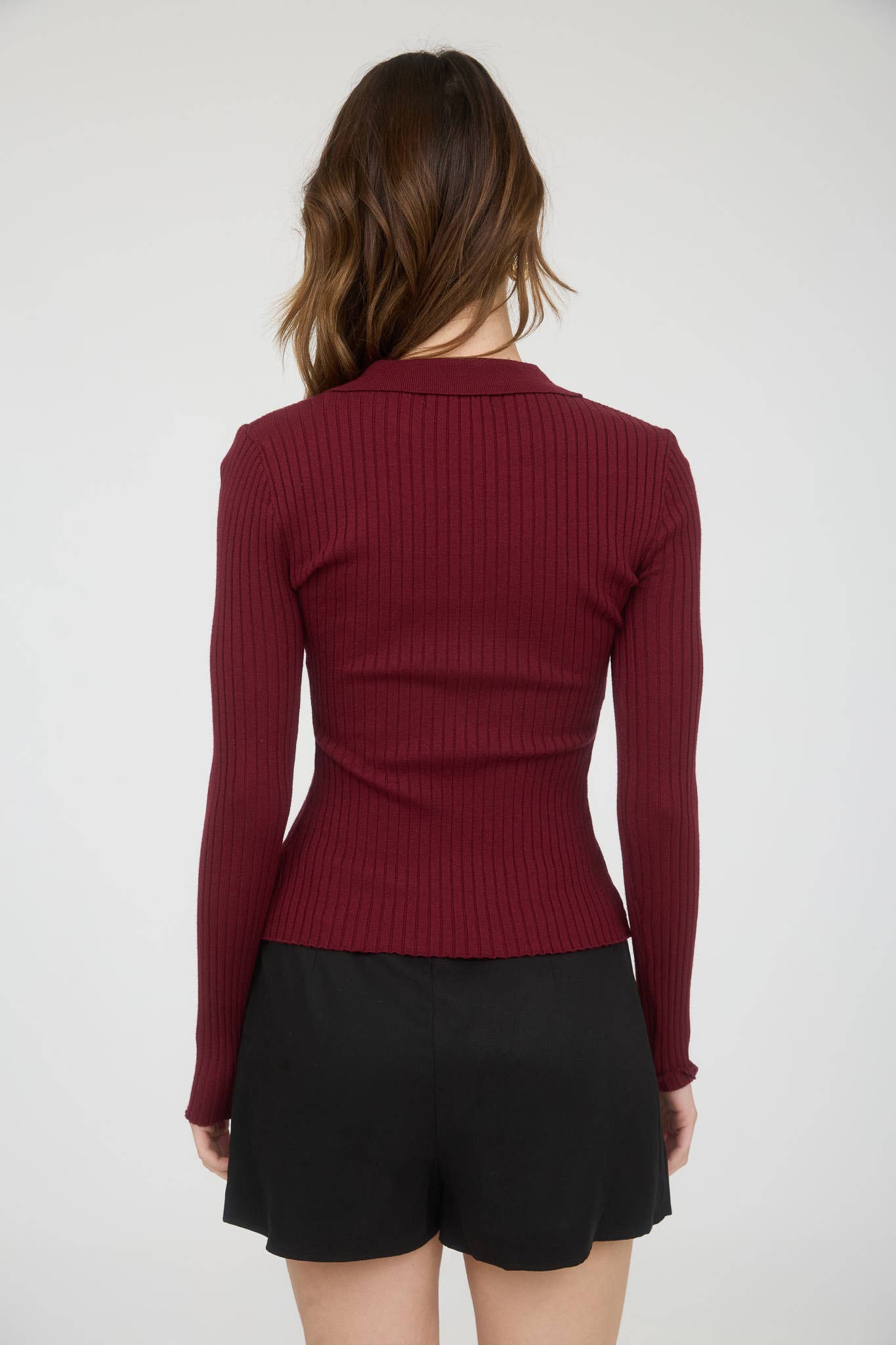 COLLARED BUTTON FRONT LONG SLEEVE SWEATER KNIT TOP: NAVY