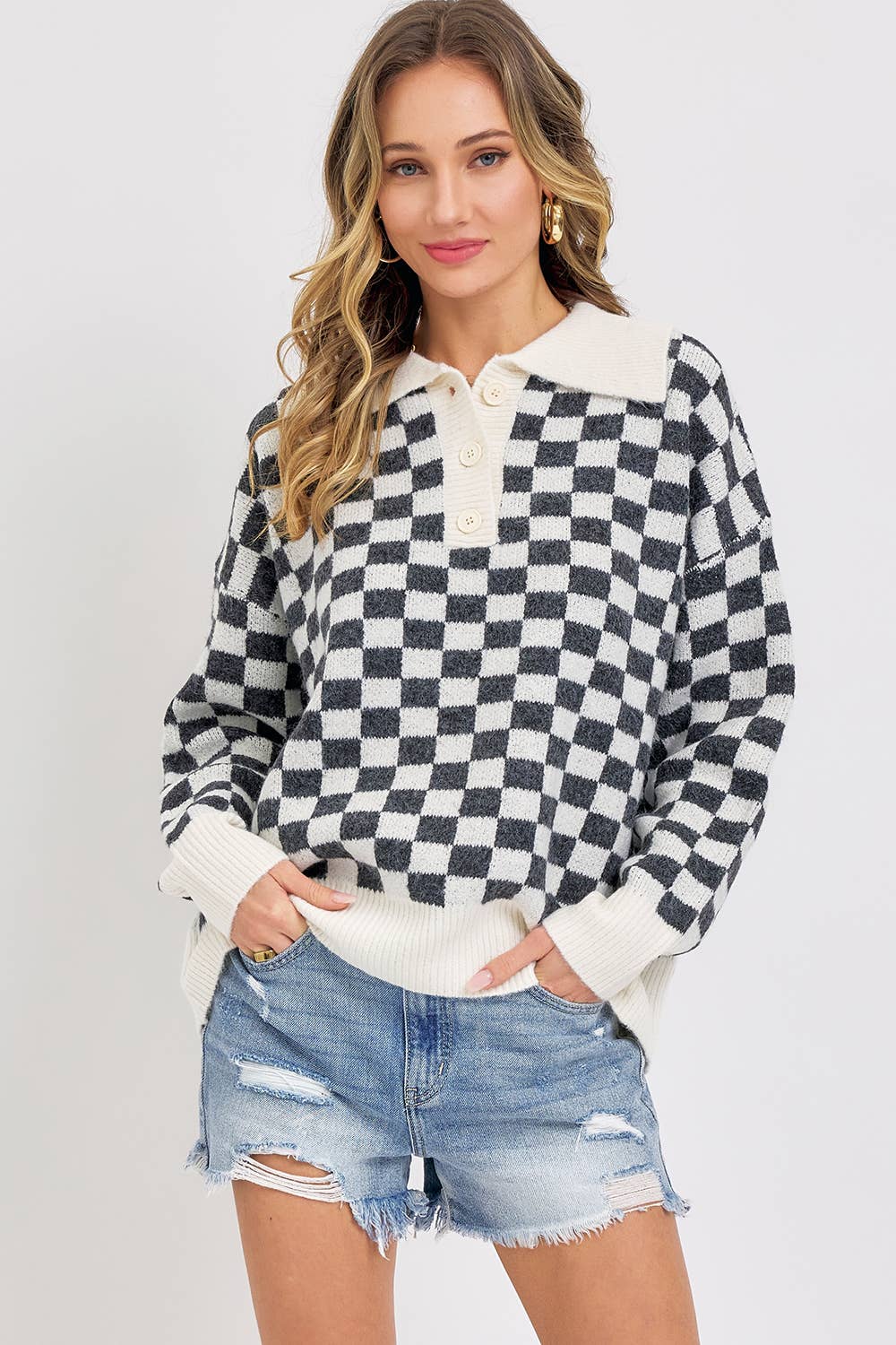 PLAID HALF BUTTONED COLLARED SWEATER: Pink / Contemporary / M