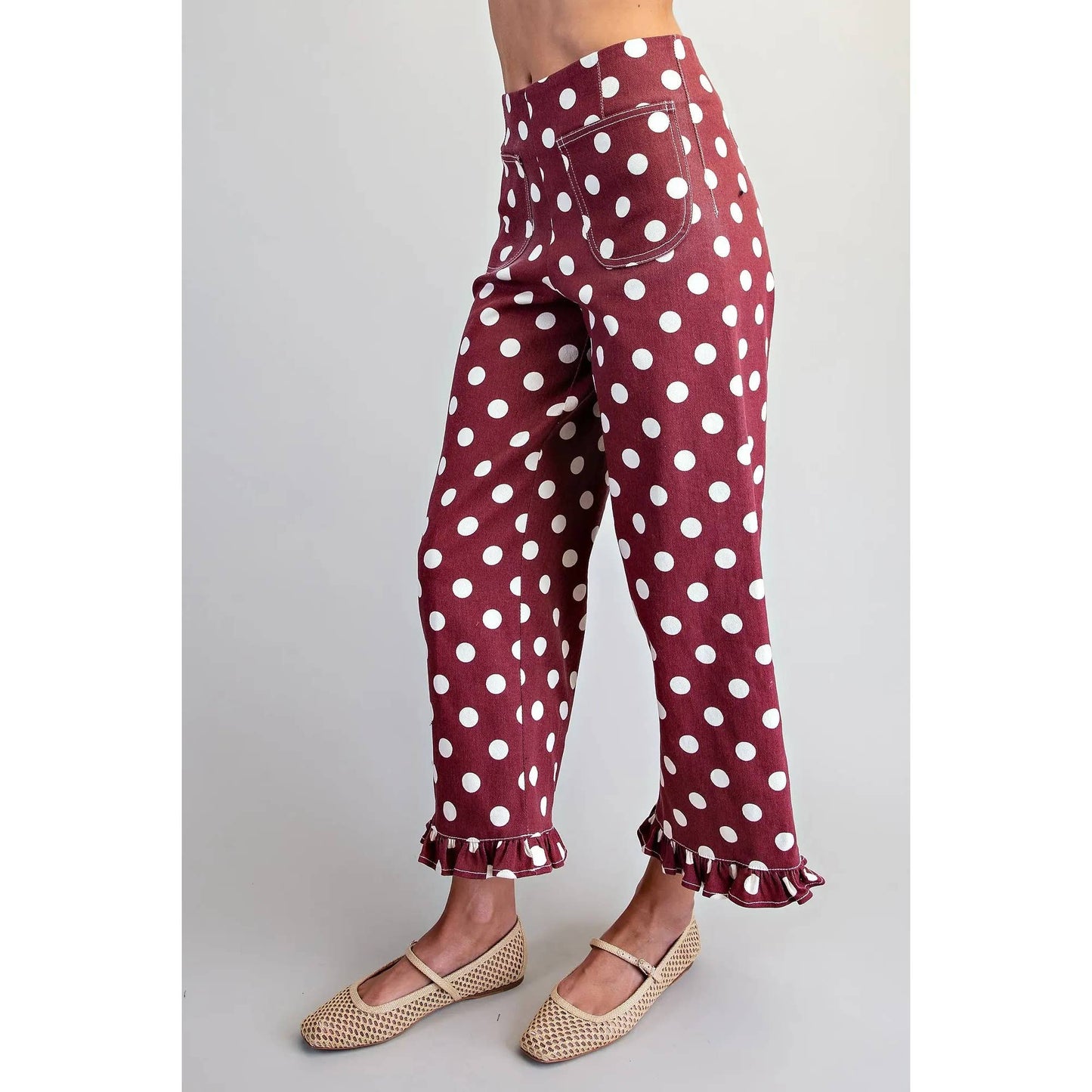 NEW Polka Dot Ruffle Hem Pants: WINE