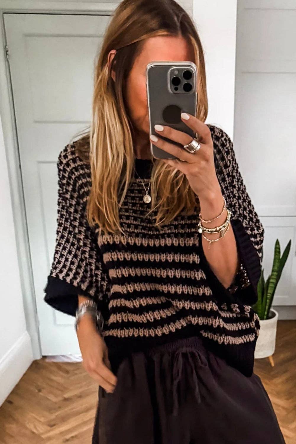 Red Striped Slouchy Knit Sweater with 3/4 Draped Sleeves: Red Stripe / 100%Acrylic