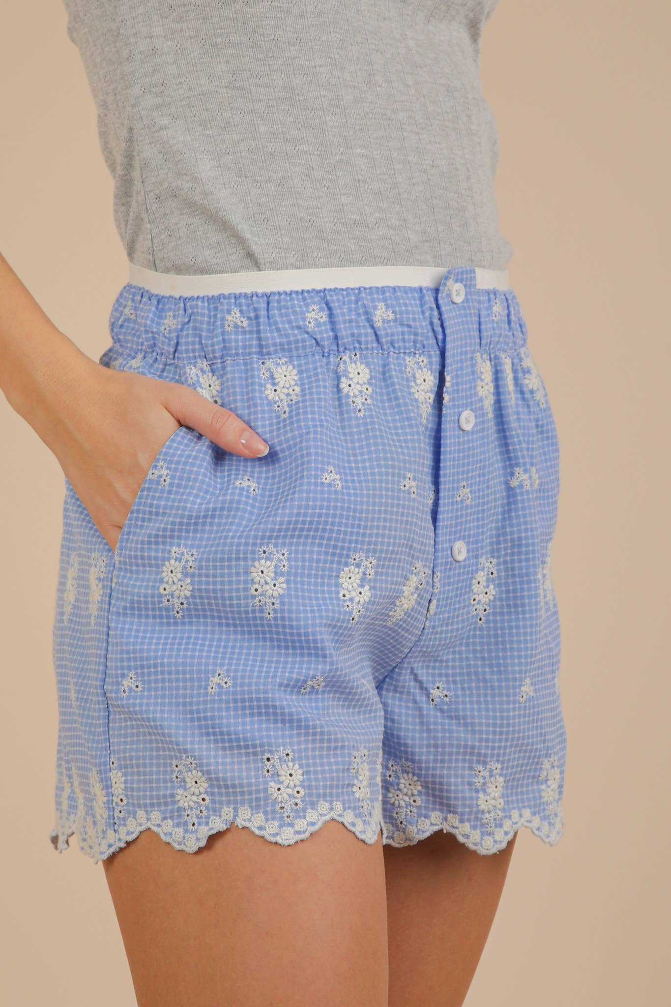 Embroidered Cotton Shorts: BLUE