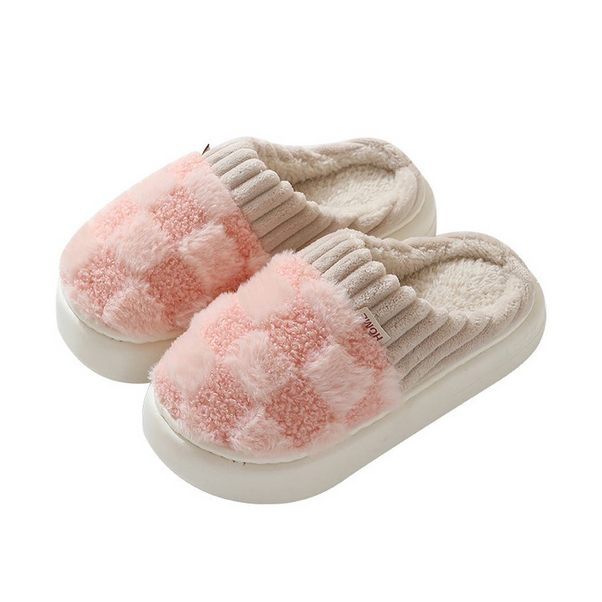 CHECKERED FUZZY WARMIES SLIPPERS_CWSHS0270: COFFEE / (8) 1