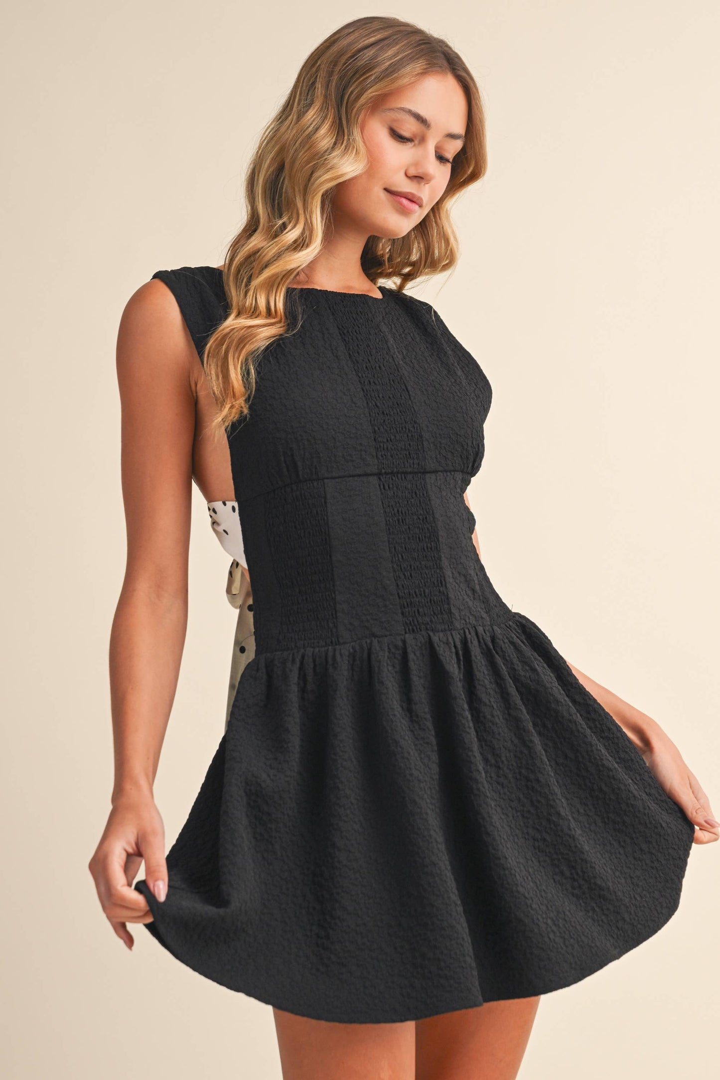 TIMELESS MINI DRESS WITH POLKA DOT CONTRAST BOW