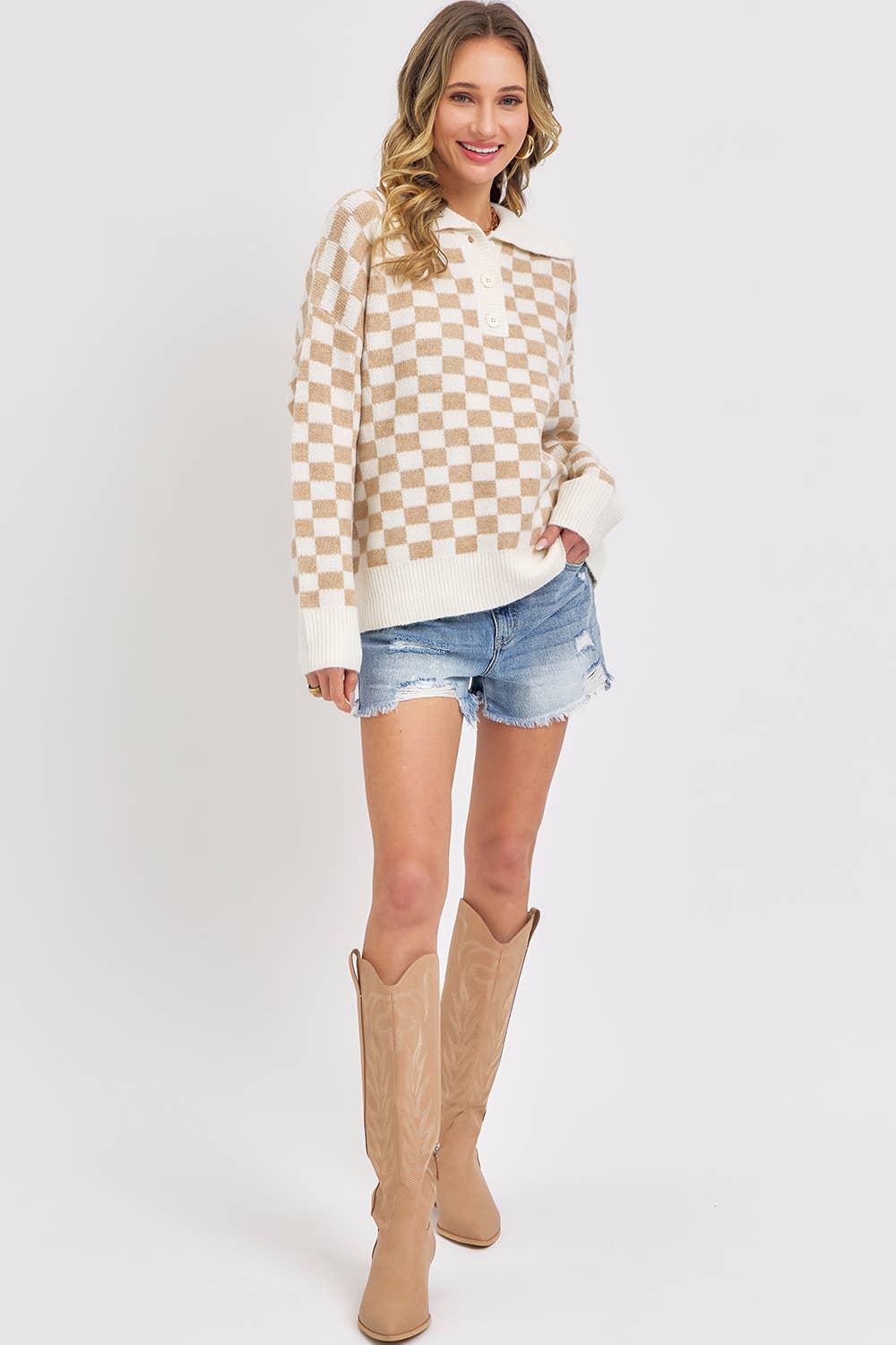 PLAID HALF BUTTONED COLLARED SWEATER: Pink / Contemporary / S