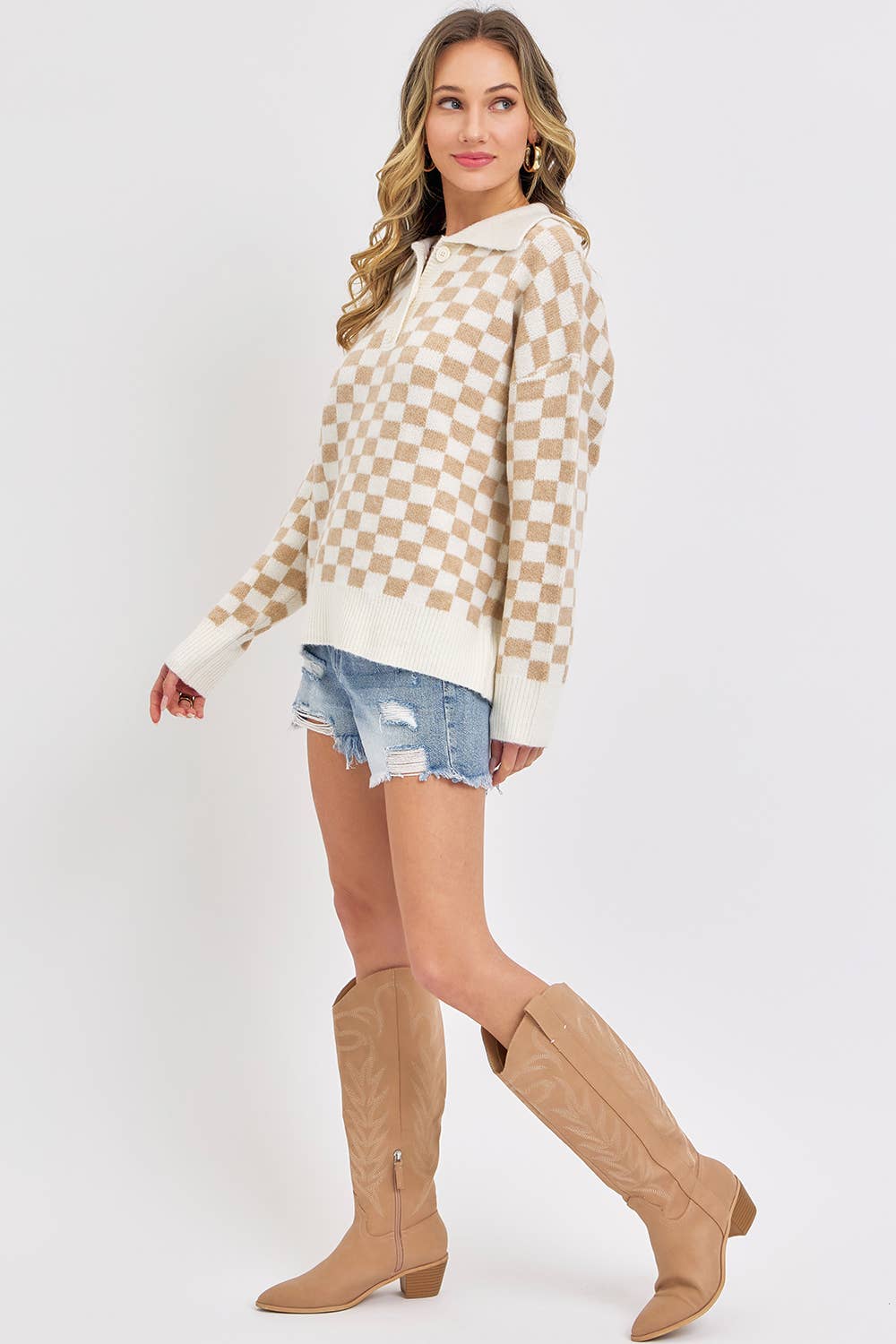 PLAID HALF BUTTONED COLLARED SWEATER: Pink / Contemporary / S