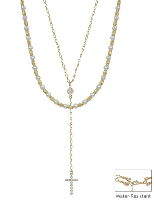Water Resistant Gold and Pearl Layered with Y Drop Crystal Cross 16"-18" Necklace