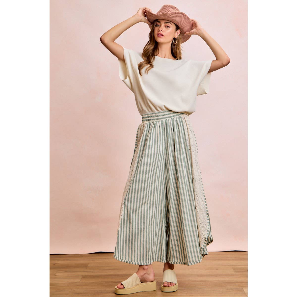 FLORAL EYELET SIDE ELASTIC STRIPES WIDE LEG PANTS: LIGHT PINK