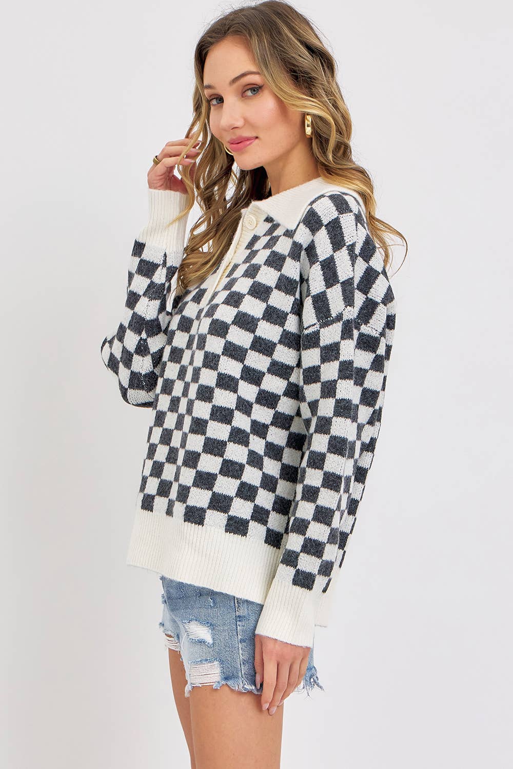 PLAID HALF BUTTONED COLLARED SWEATER: Pink / Contemporary / S