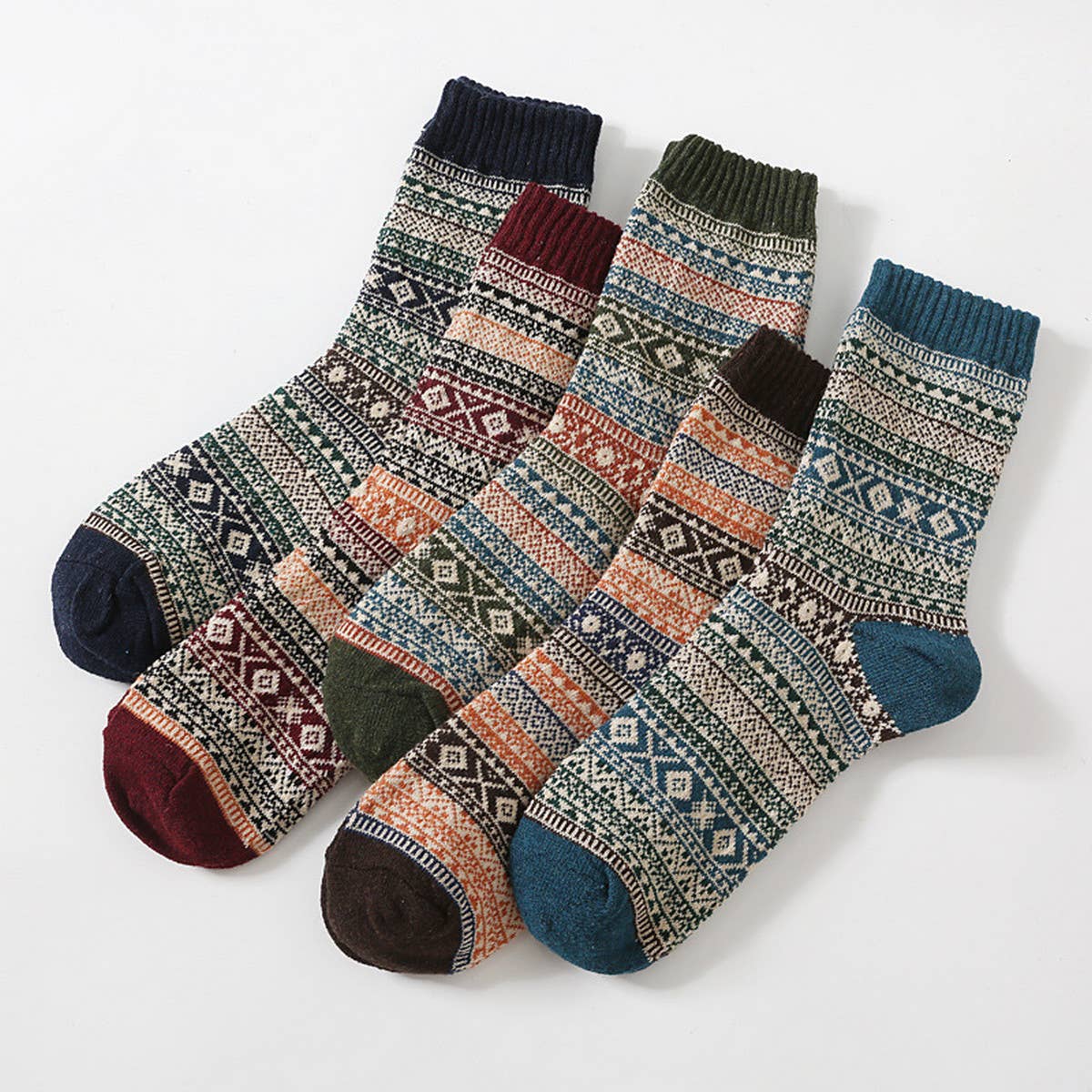 5 PAIRS OF ETHNIC STYLE SMALL DIAMOND WOOL SOCKS_CWMS0677: TYPE3 / (OS) 2
