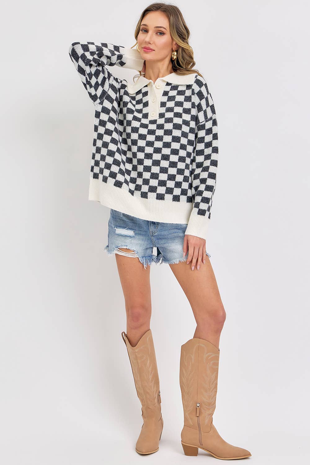 PLAID HALF BUTTONED COLLARED SWEATER: Pink / Contemporary / M