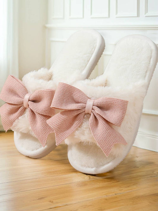 Bow Knot Decor Open Toe Plush Slippers: White / (US 6)37