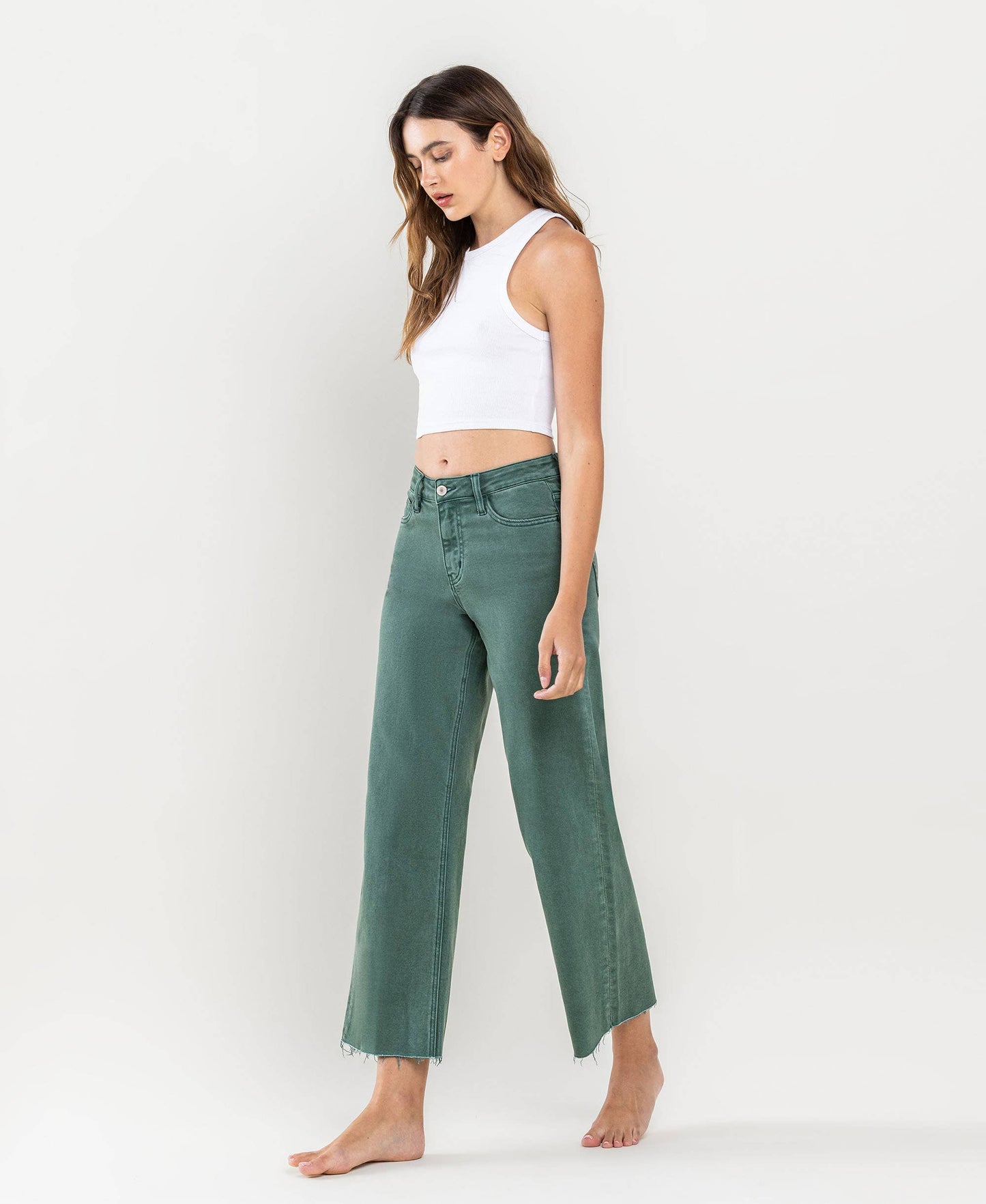 HIGH RISE CROP WIDE LEG JEANS MALLARD GREEN